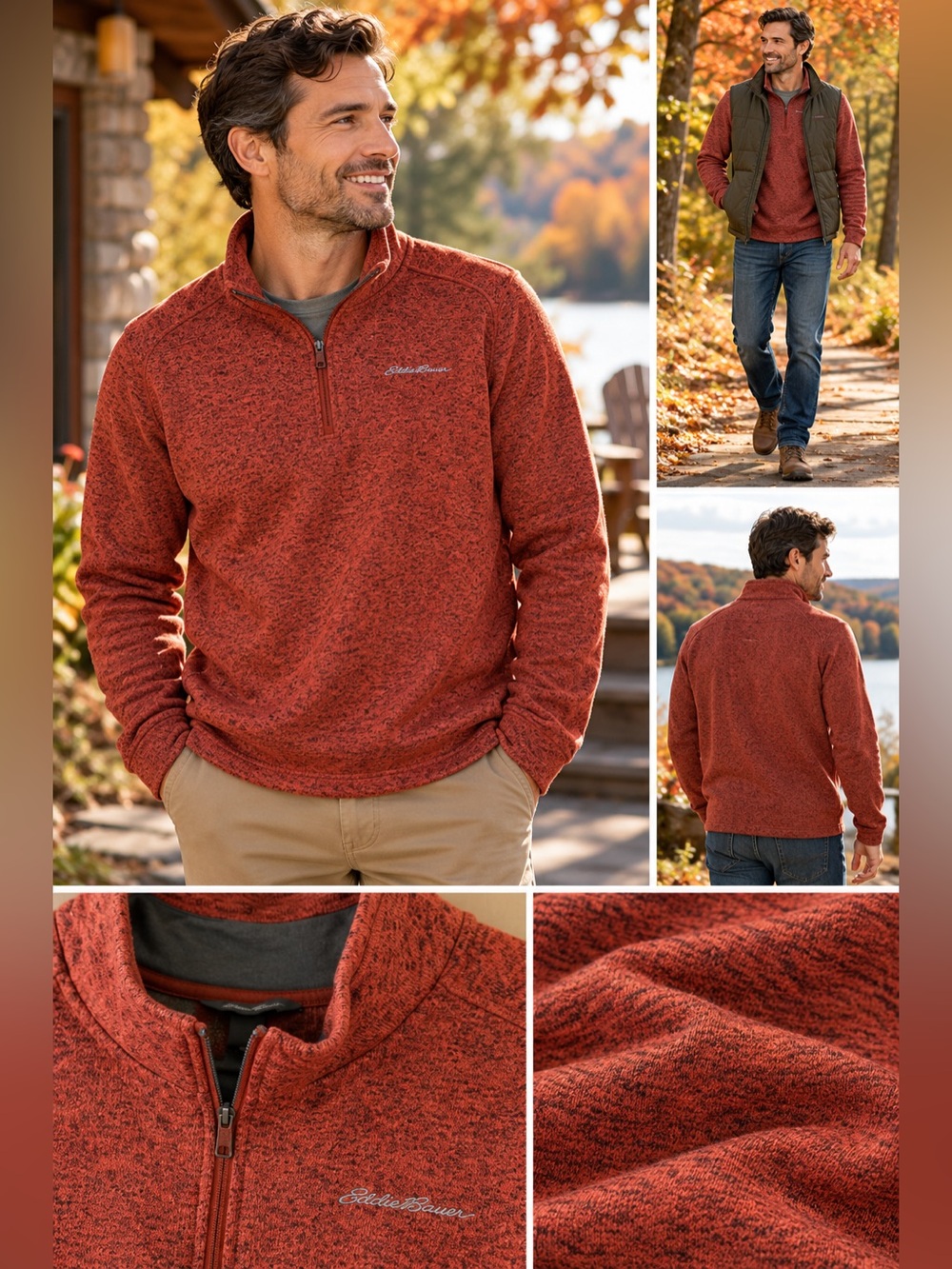 Eddie Bauer Men's Quarter-Zip Sweater - Rust Heather Large